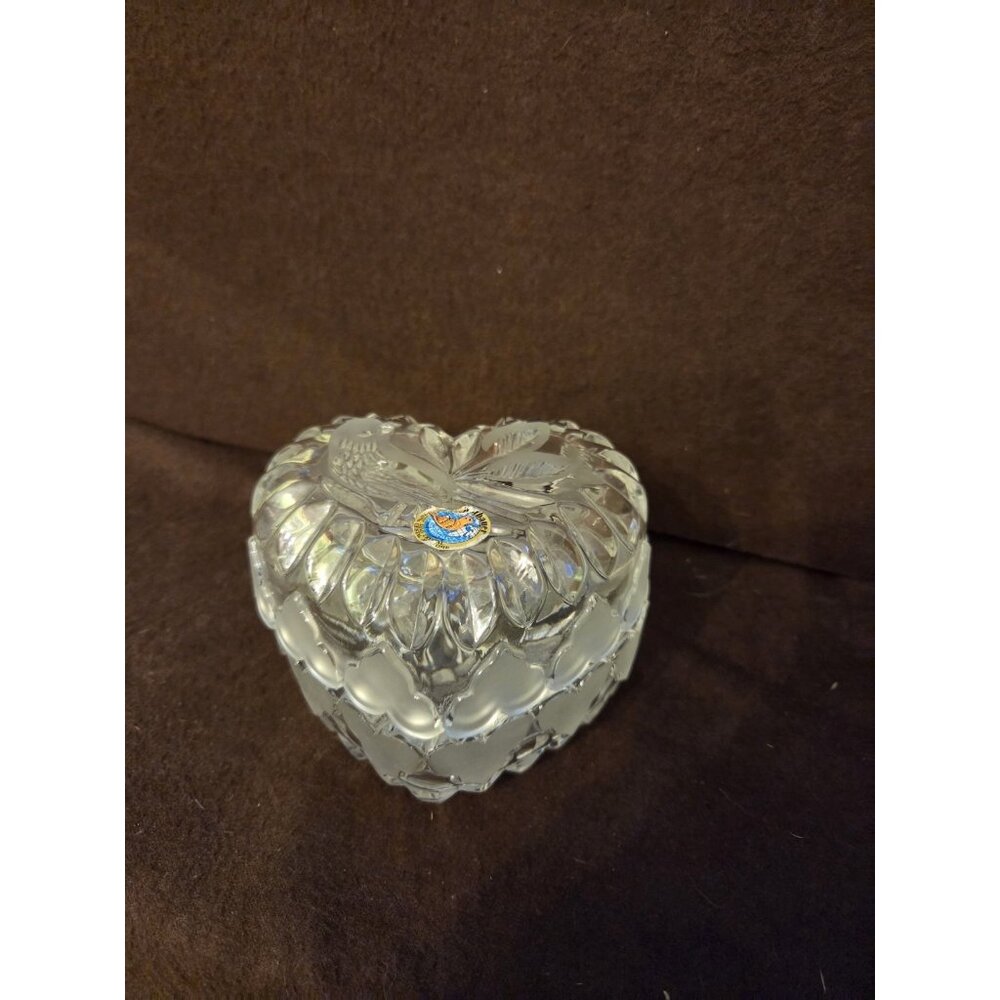 Vintage Hofbauer Byrdes Clear Crystal Glass Heart‎ Trinket Box W/ Lid Chip